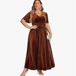 V Neck Velvet Maxi Dress Short Sleeve Empire Waist Long Dress